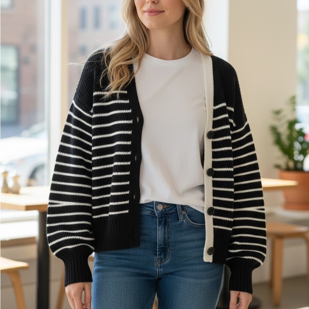 Aaron and Amber Thick Black and White Striped Cardigan Women’s Small NWT - Picture 2 of 5